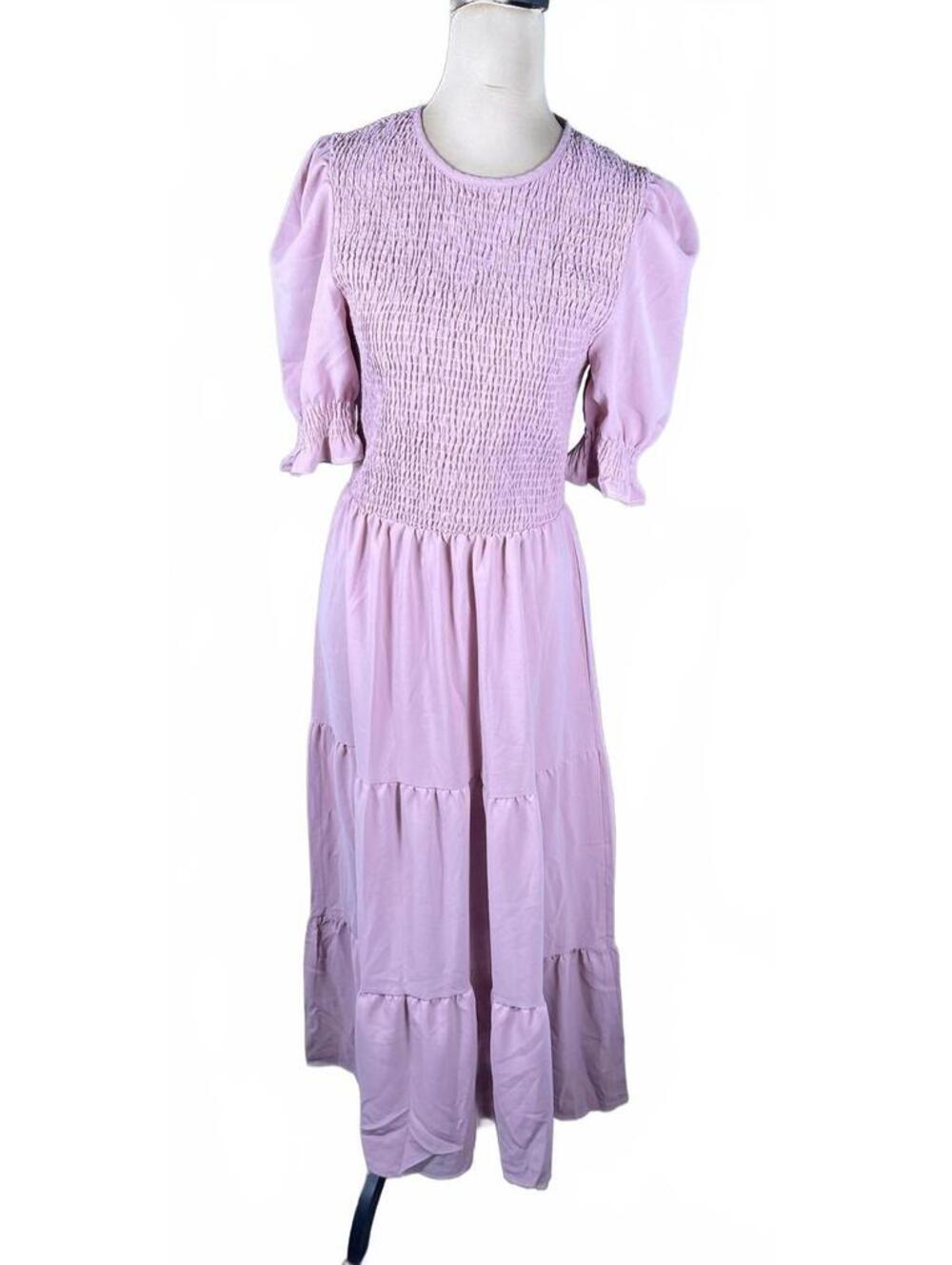 BTFBM Pink Conservative Smocked Puff Sleeve Maxi Dress Medium - Picture 1 of 6